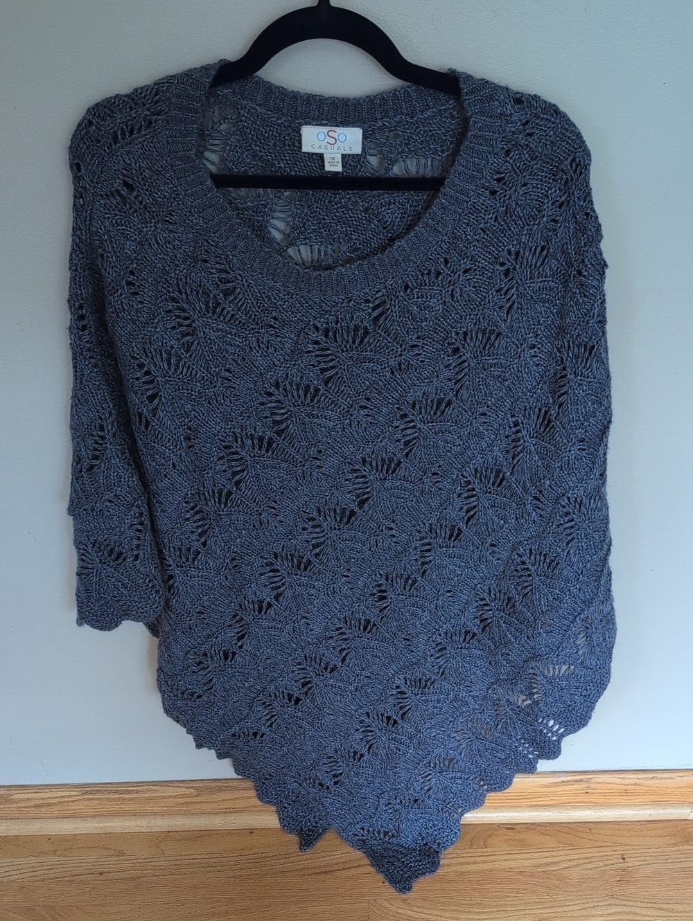 Blue Openwork Knit Poncho Sweater
